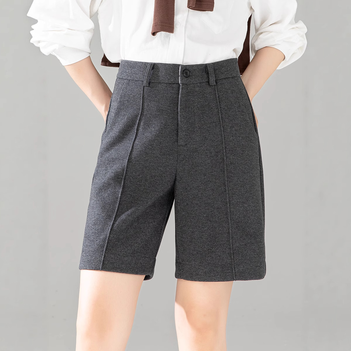 花千瓣2025冬季新款复合韩版休闲五分裤女高腰显瘦加厚直筒裤8257