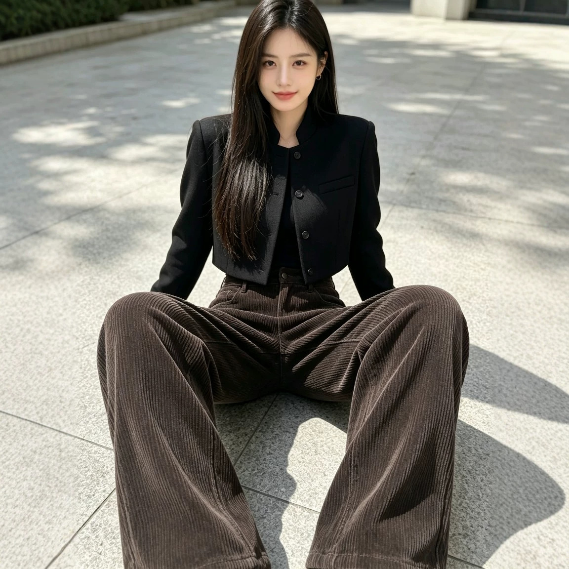 Brown corduroy pants for women, new autumn style 2026, petite, high-waisted, slimming, loose straight-leg pants with a flowing drape.