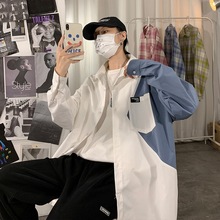 春秋新款日系拼色设计感长袖衬衫男潮牌潮流宽松休闲工装衬衣外套
