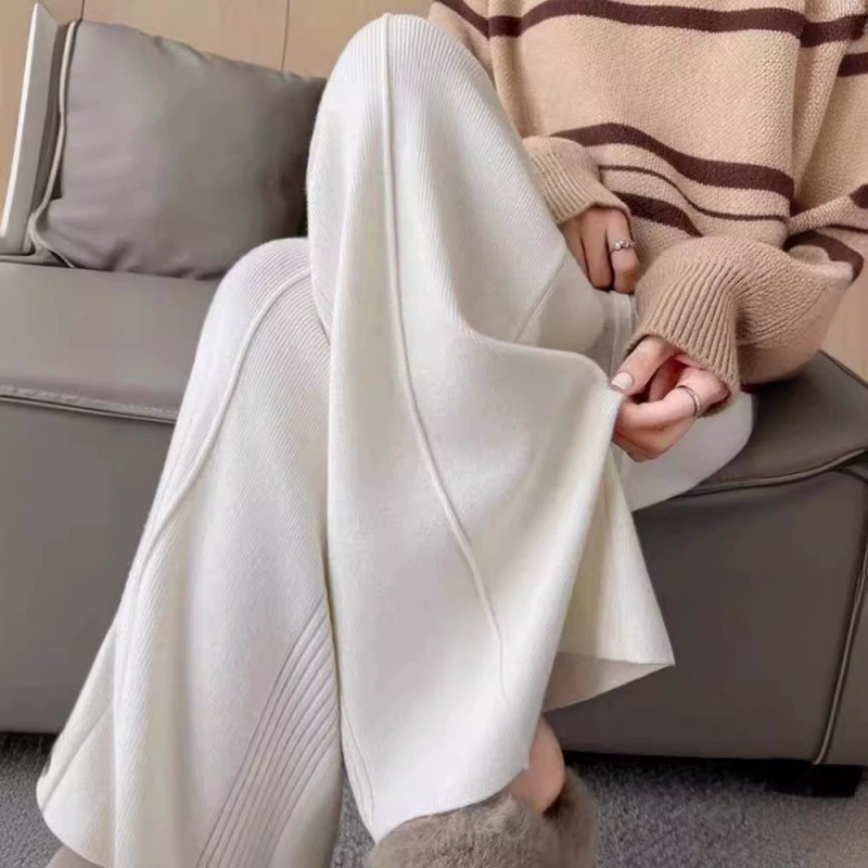 KANING трикотажные широкие брюки с эластичной талией для женщин, новинка осени 2025 года, дизайн с высокой талией, однотонные трикотажные шерстяные брюки