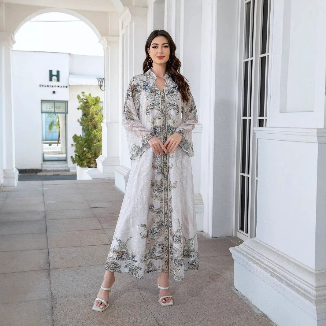 Популярное трансграничное мусульманское платье-абайя в стиле Ближнего Востока, длинное платье из шифона с принтом, абайя в стиле Саудовской Аравии.