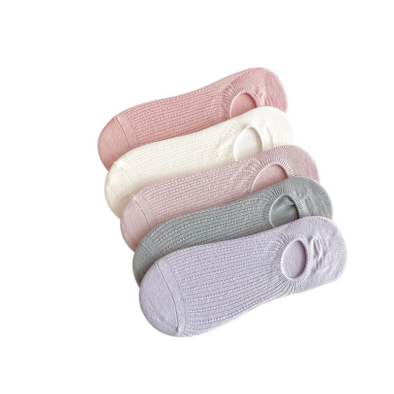 Verano de estilo japonés de doble aguja de color sólido calcetines de algodón Calcetines invisibles de las mujeres delgadas antideslizante talón antideslizante entrega de una sola pieza