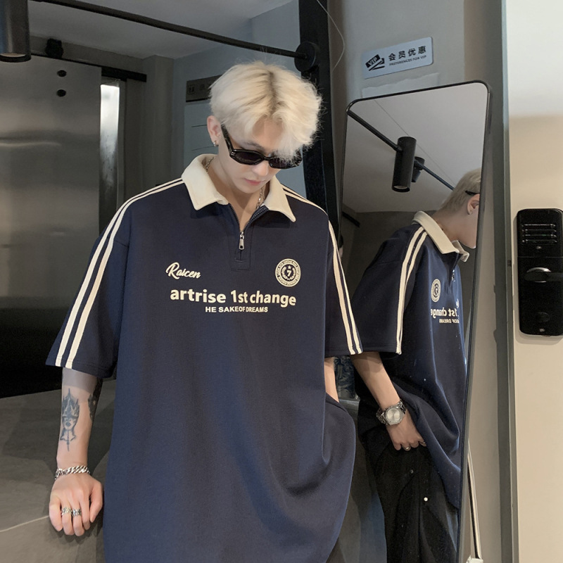 American Style High Street Short Sleeve Polo Shirt Men's Summer Wear 2024 New Half Zipper Collar Half Sleeve T-shirt