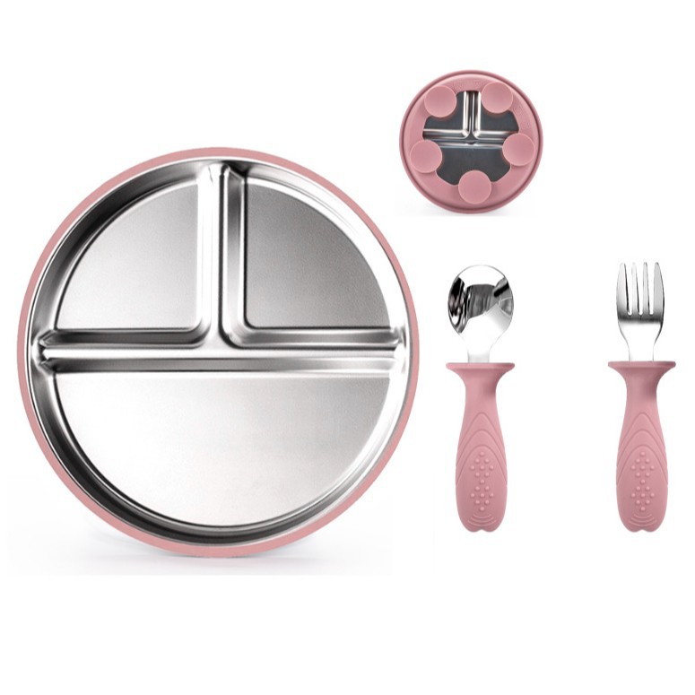 다크 파우더 3개 - 실리콘 스테인리스 스틸 디너 플레이트 + 스테인리스 스틸 포크와 스푼