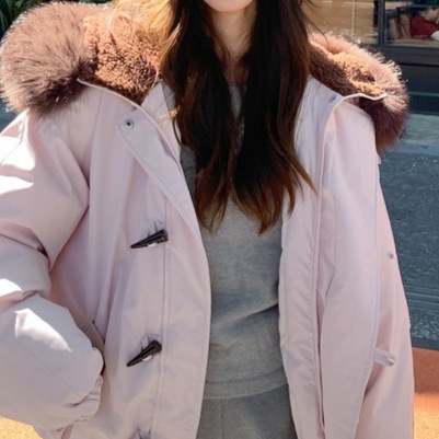 大毛领连帽牛角扣棉服女冬季新款休闲宽松棉袄加厚随搭棉衣外套