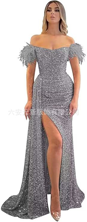 Comercio exterior de Europa y América Amazon AliExpress deseo estación independiente nueva sequined fuera del hombro split fishtail vestido adelgazante image 16