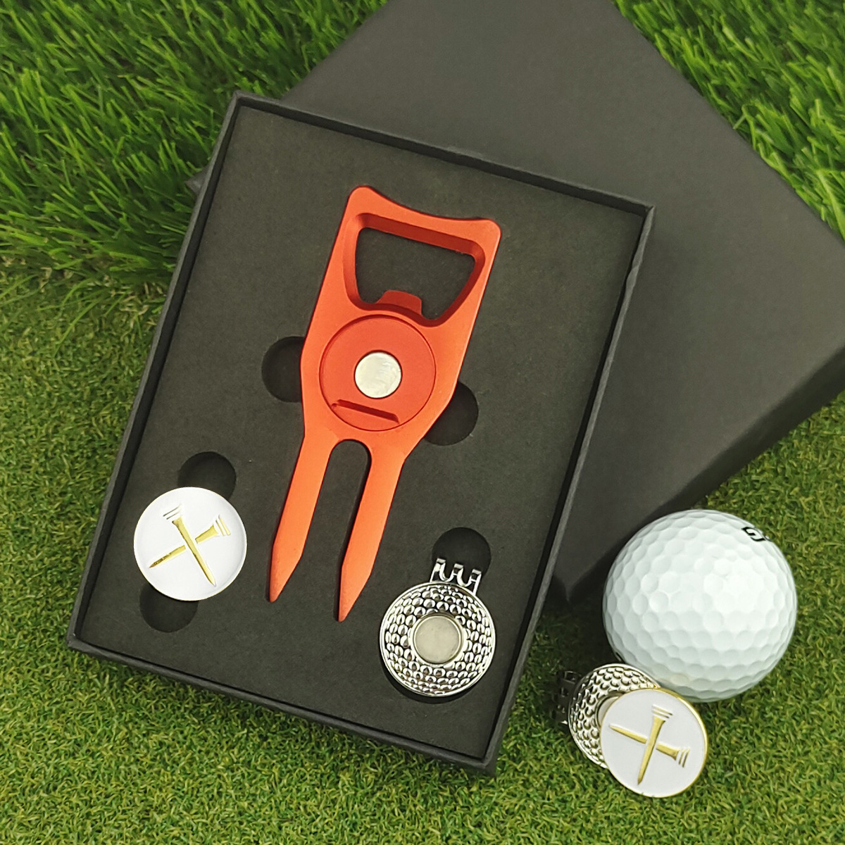 Description Picture 6 of itemNew Golf Gift Set Green Fork Aluminum Alloy CNC Anodized Ball Marker Divot Tool Repairer with Gift Box