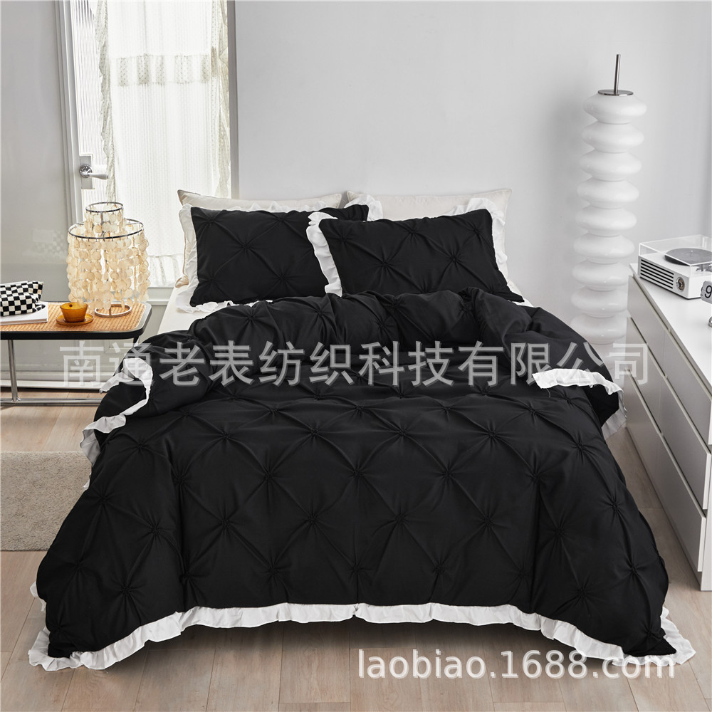 跨境外贸速卖通亚马逊揪花素色纯色荷叶边花边床上用品3D立体套件