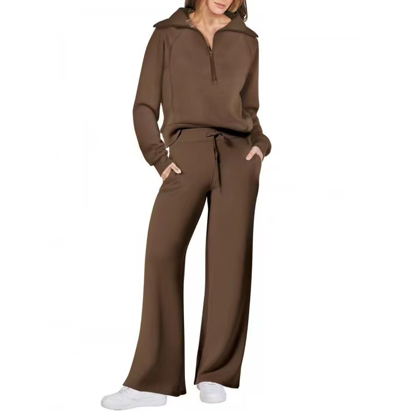 European and American Amazon Women's 2-piece Set 2024 Oversized Half-zipper Sweatshirt Wide-leg Sports Pants Casual suit Women