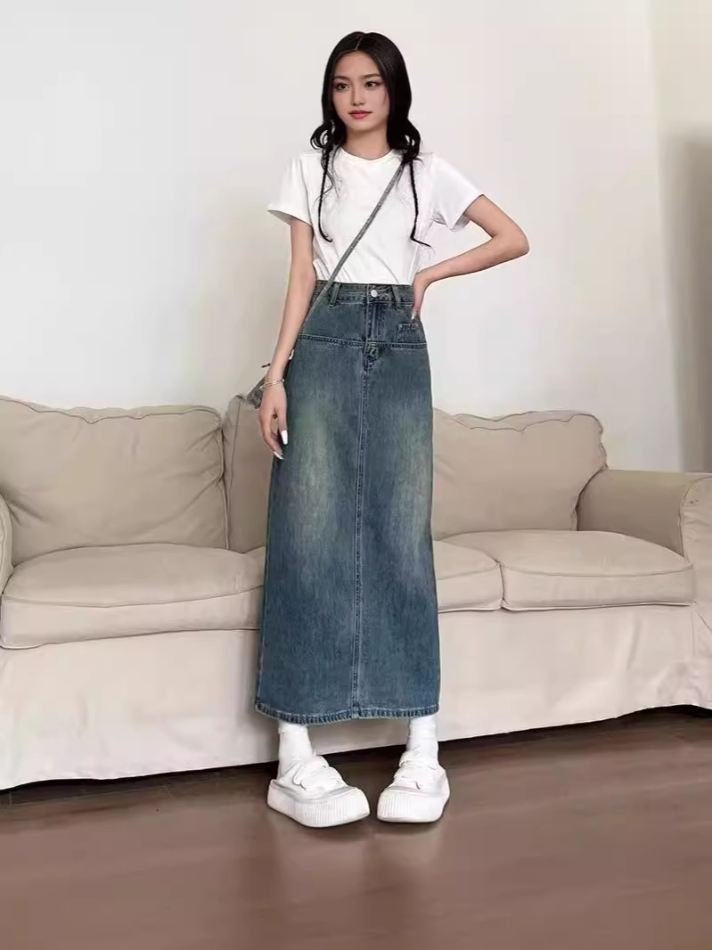 Retro summer long denim skirt