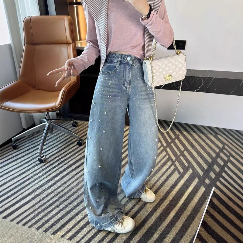 Full of Style! ~Pearl Rhinestone Embellished Curved Hem Jeans for Women, 2026 New Spring Design Wide-Leg Pants. Full of Style! ~Pearl Rhinestone Embellished Curved Hem Jeans for Women, 2026 New Spring Design Wide-Leg Pants.