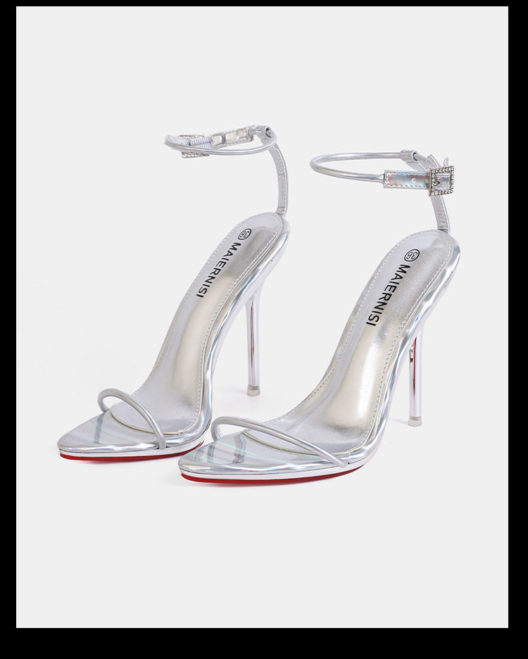 Sandal nữ quai ngang một chữ màu nude, gót nhọn siêu cao, giày thời trang dự tiệc — Màu be, Màu bạc, Màu trắng, Màu tím chi tiết 10