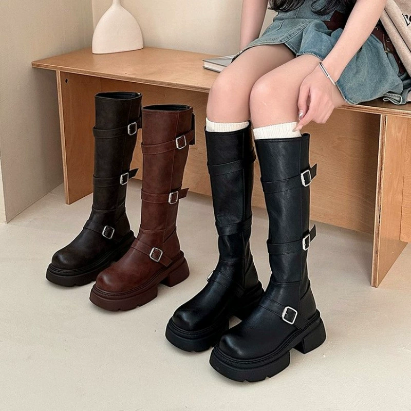 Brown denim high boots