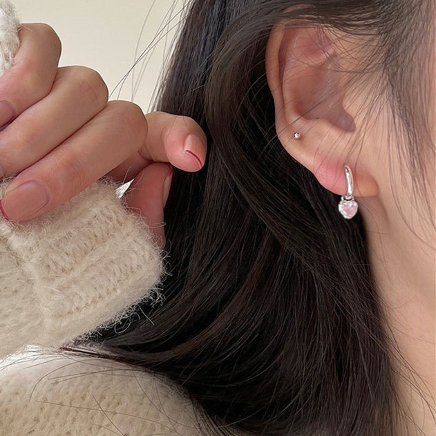 韓國東大門粉色愛心耳扣925銀針少女心粉鋯石耳環ins時尚百搭耳飾