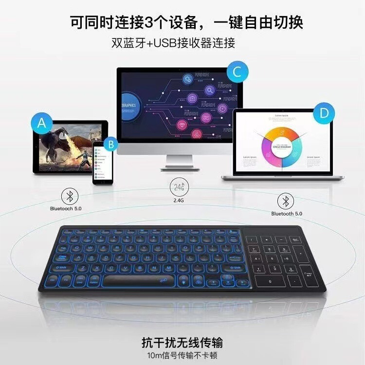 Direct Selling Touch Dual-Zone Factory Batch Cross-Border Three Devices with Touchpad Rechargeable 2.4g Bluetooth Keyboard Suitable for iPad