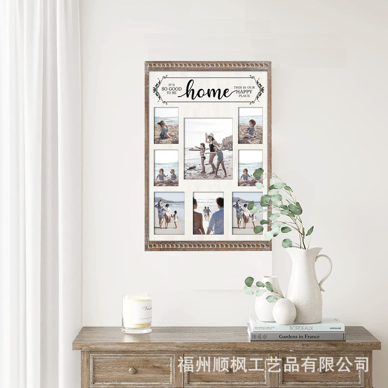 Custom Country Rustic Wood Photo Frame Wooden Bead Decor Handmade Old Family Photo Frame Collage Mdf Wood Children Photo Frame