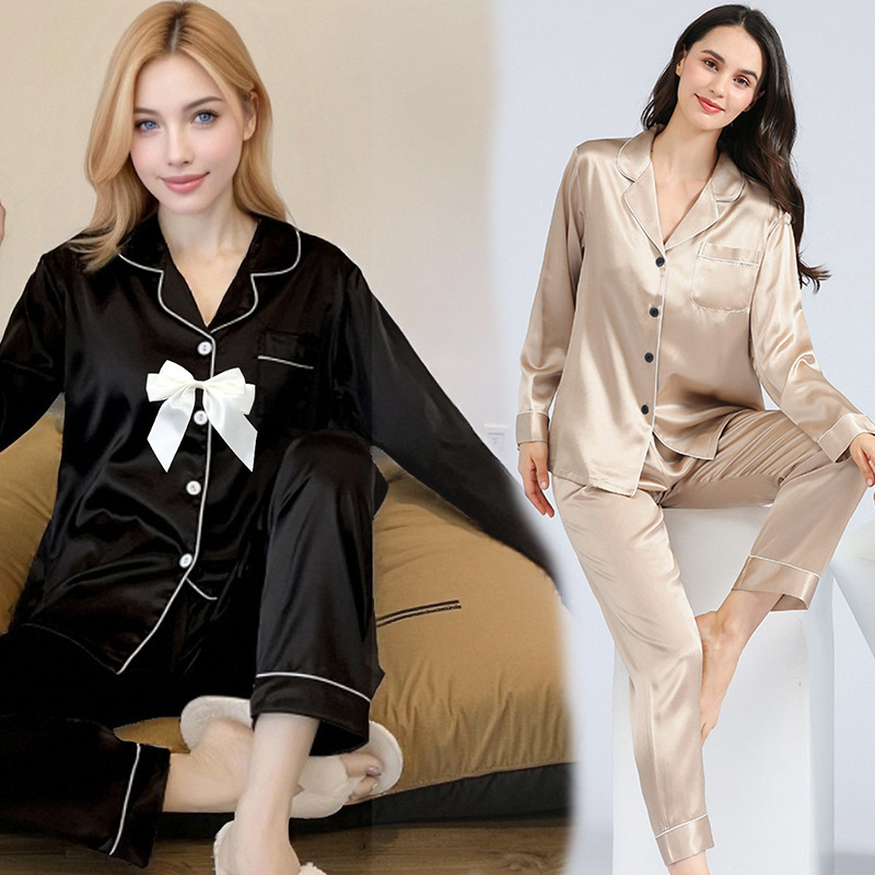 Oversized Pajamas Women's Elastic Silk Lapel Long Sleeve Ice Silk Spring and Autumn Cardigan Two-Piece Set Factory Hair
