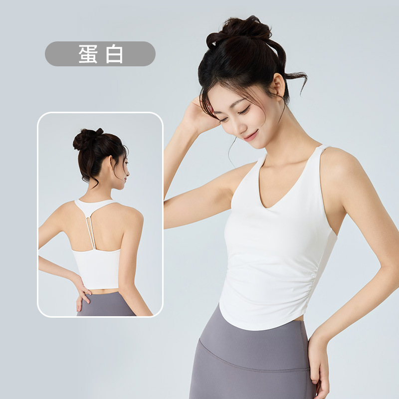 跨境瑜伽服背心上衣女带胸垫镂空美背健身服背心腰部抽褶运动背心|undefined