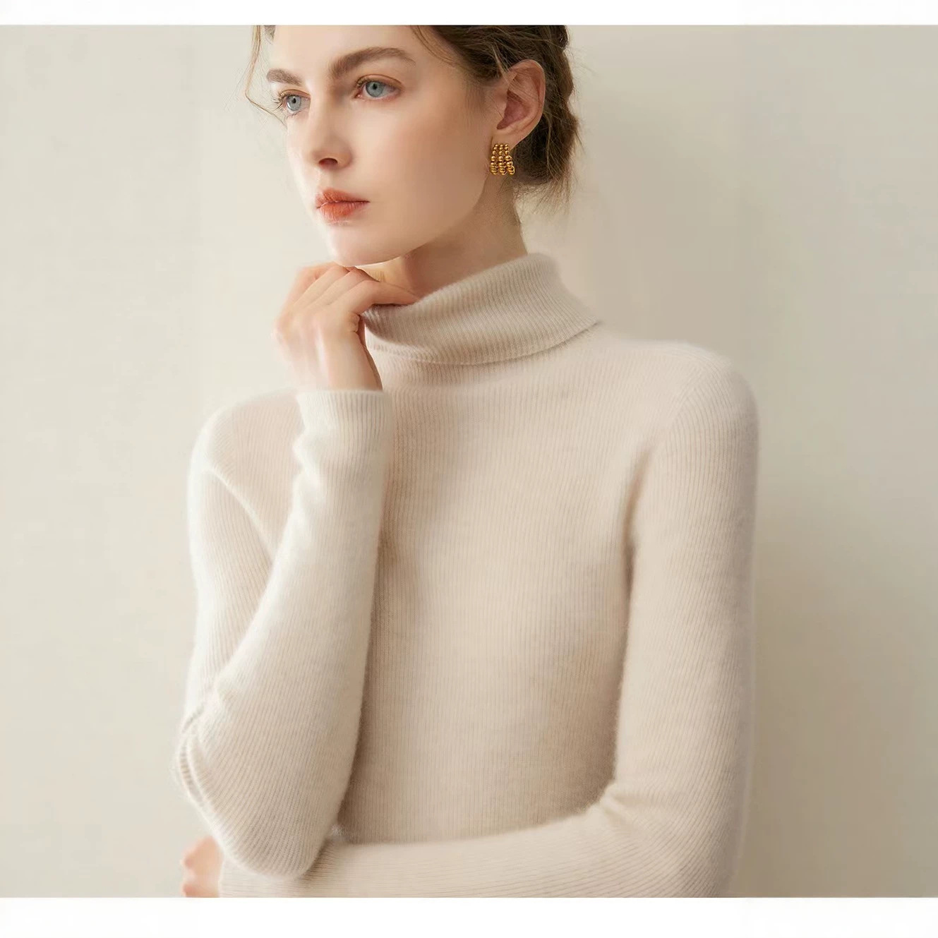 Women's cashmere sweater, thin and stylish high-neck base layer, simple and slim fit cashmere top, premium knit sweater.