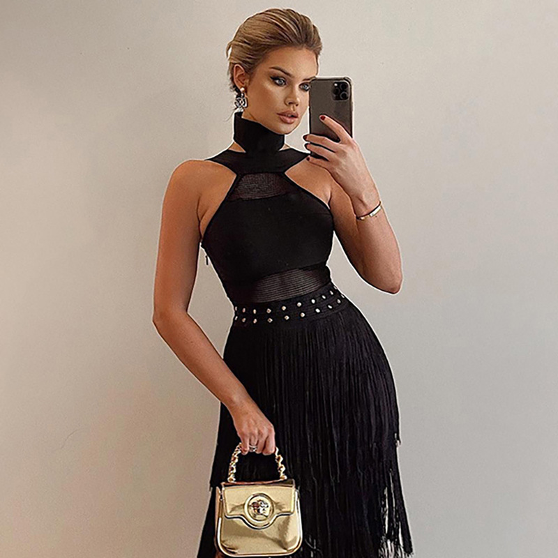 New 2023 sexy backless fashionable beautiful mesh slimming tassel turtleneck sleeveless dress prom evening dress