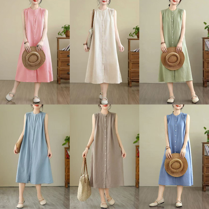 2025 Pure Linen Dress Sleeveless Multi-Pleated Design Long Artistic Simple Shirt Cotton and Linen Dress