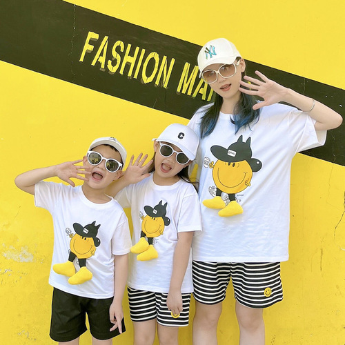 Summer 2024 Parent-Child Set Fashion Cartoon Print Short-Sleeve T-shirts for Kids and Toddlers Climbing Suit Onesie for Summer