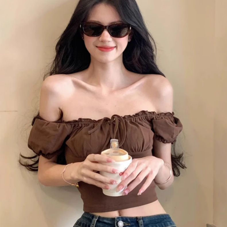 Pure Desire Sexy Clavicle Shoulder Bubble Short-sleeved T-shirt Women's Summer Fashion Slim-fit Chic Top Women's T Cross-border Pure Desire Sexy Clavicle Shoulder Bubble Short-sleeved T-shirt Women's Summer Fashion Slim-fit Chic Top Women's T Cross-border