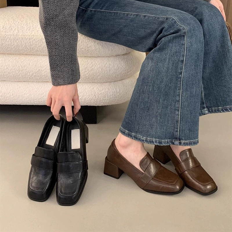 Черная обувь Lefu с квадратной головой ленивый человек с толстым высоким каблуком маленькая кожаная обувь дикая французская одиночная обувь Mary Jen женская каблучка