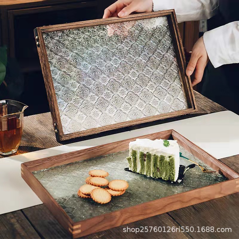 Wooden pallet Japanese transparent crabapple flower glass tray retro…