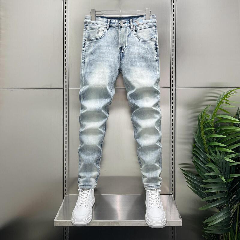 Trendy Brand Grinding White Jeans Men's Slim-Fit Stretch Pants Fashion Design Irregular Contrast Color Rear Pocket Spring and Summer New