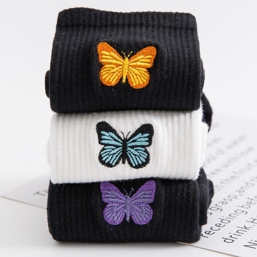 Women's Long Socks with Middle Calf Ins Trendy Korean Style Pure Cotton Butterfly Embroidered High Calf Socks for All Seasons