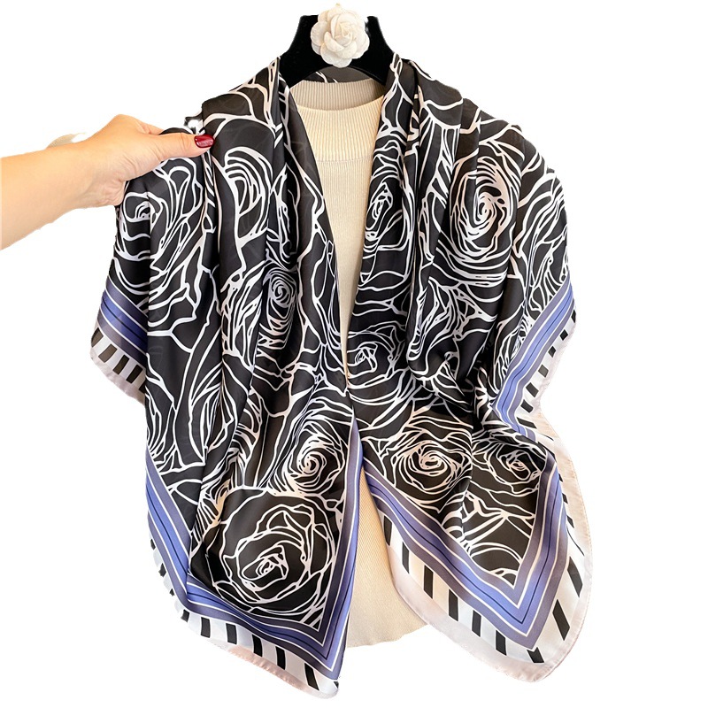 Rose temperament scarf 110cm simulation silk scarf, sun protection, versatile women's shawl, travel scarf, dual purpose_voghion.com