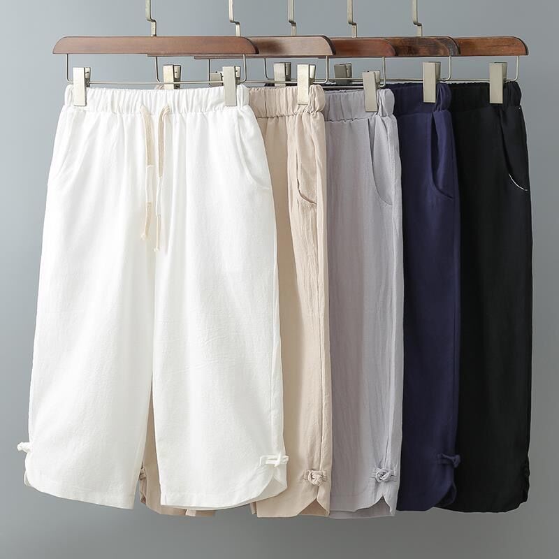 2025 Linen Capri Pants Men's Summer New Fashionable Ins Loose Cotton Linen Thin Straight Casual Shorts