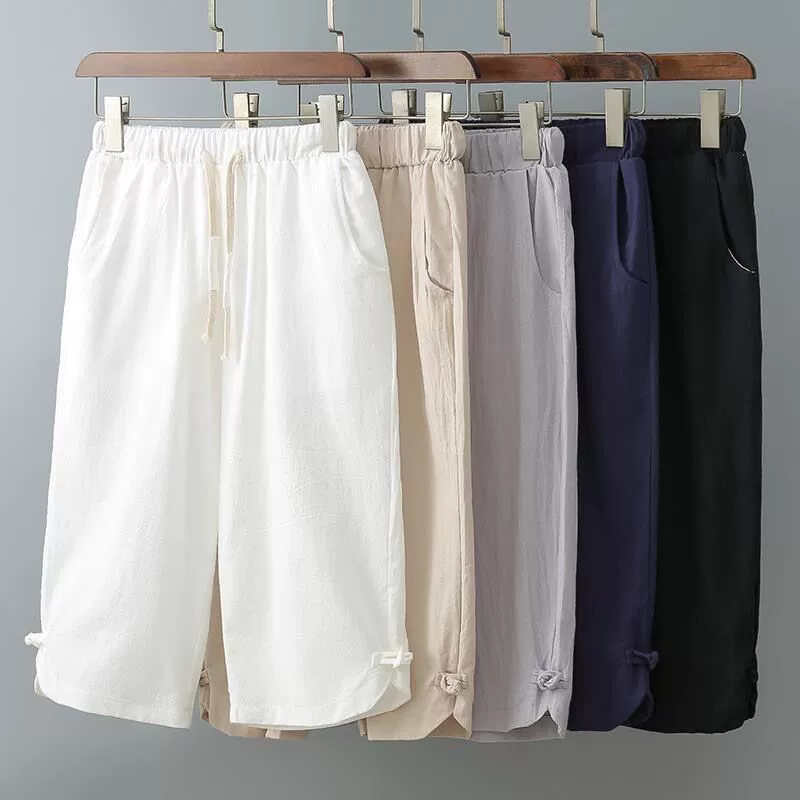2025 льняные укороченные брюки для мужчин летний новый тренд ins свободный хлопок и лен тонкий прямой повседневный 7 очков шорты