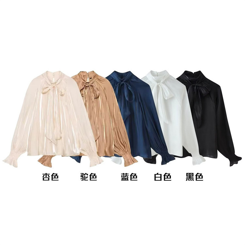 Cross-border women's fashion: 2026 autumn collection, new European and American style silk satin shirt with bow detail, 8741252 Cross-border women's fashion: 2026 autumn collection, new European and American style silk satin shirt with bow detail, 8741252