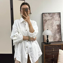2025秋季新款亚麻中长款衬衫翻领长袖上衣女白色