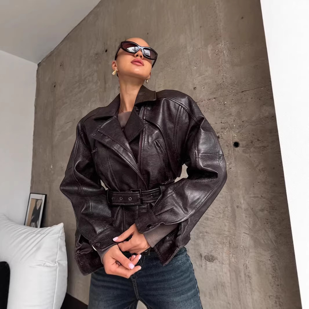 2026 Cross-Border European and American Women's Fashion Spring New Stylish Biker Trendy Heavy-Duty Belt Jacket Leather Coat