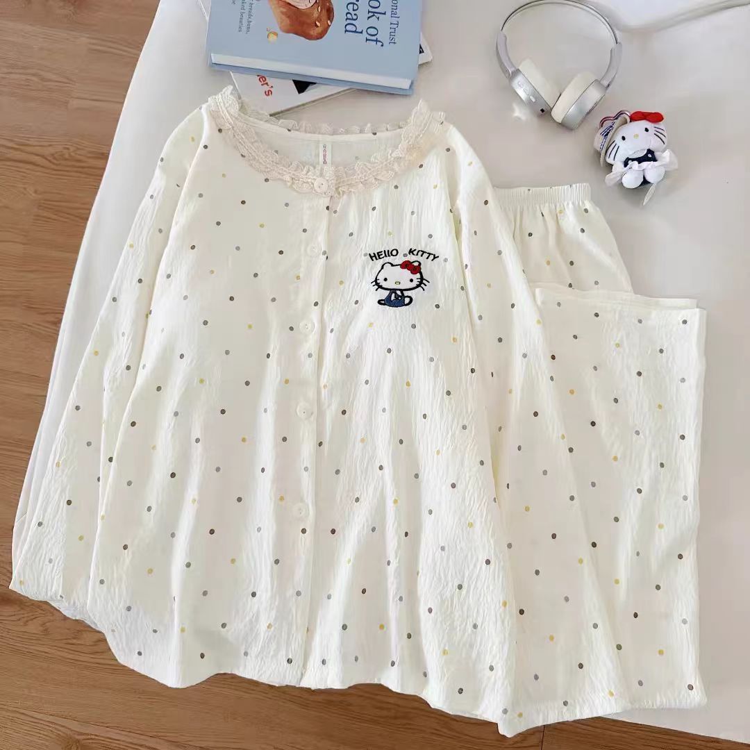 Al por mayor transfronterizo con cojín de pecho encaje KT gato pijama de mujer nubes algodón pantalones de manga larga dibujos animados estudiantes ropa de casa