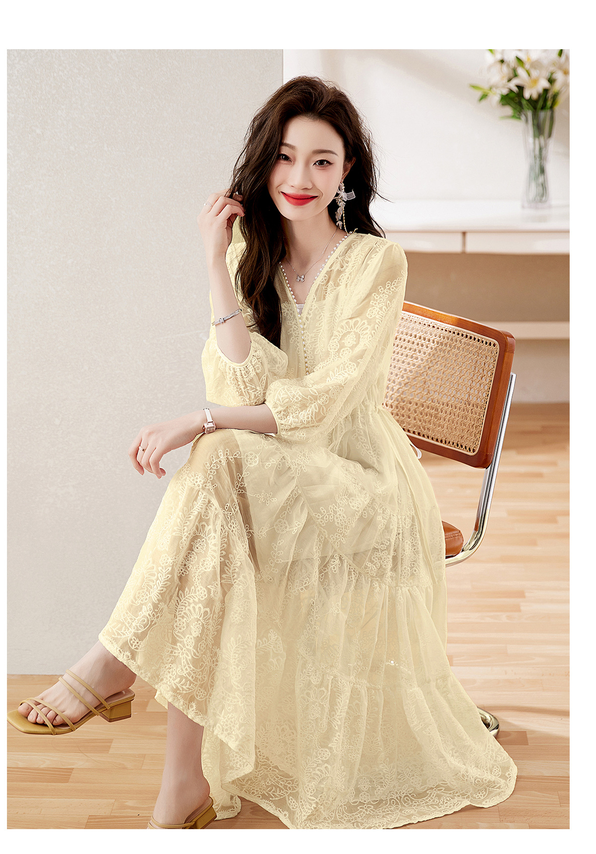 Đầm maxi nữ cổ V thắt eo dáng dài thanh lịch NY1608 — xanh lam, màu tím, màu vàng chi tiết 25