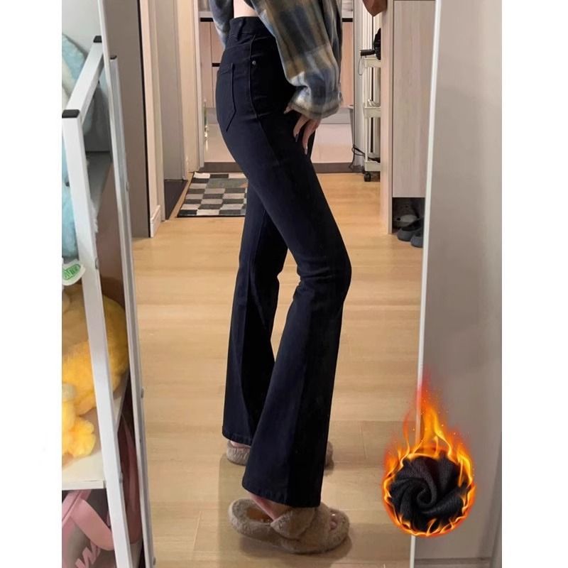Black Velvet Micro-Flared Jeans for Women 2025 Autumn and Winter New High-Waist Slimming Look Elastic Floor-Length Horseshoe Pants