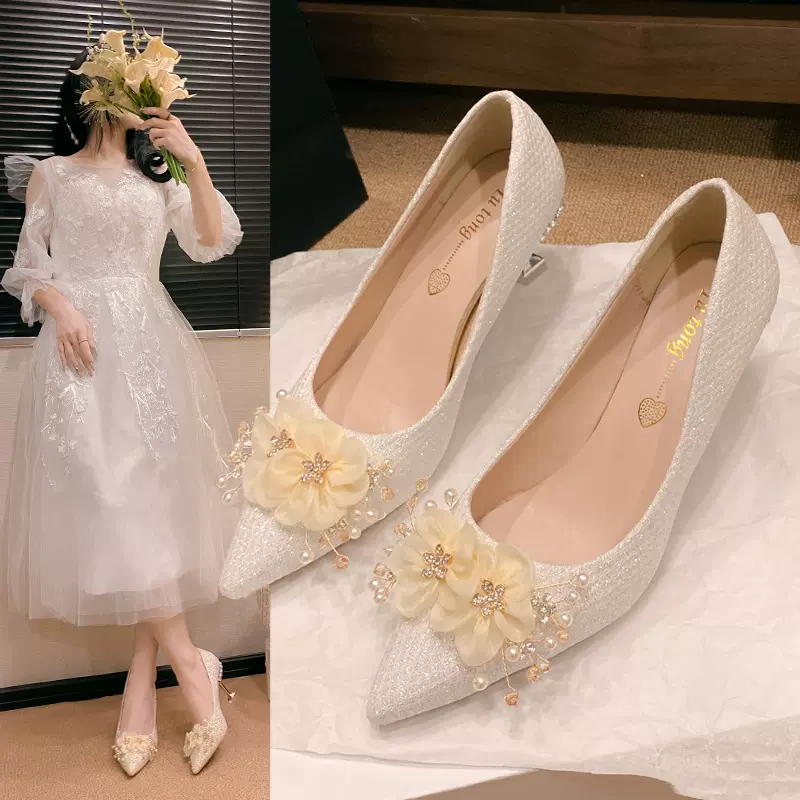 尖头时装婚鞋女2025春秋新款时尚浅口伴娘鞋细跟一脚蹬高跟单鞋女