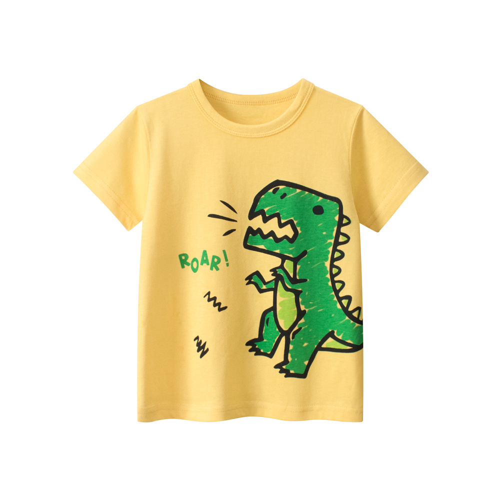 27kids ropa para niños 2025 verano nuevo estilo para niños camisa de fondo de manga corta para niños camiseta de dibujos animados de dinosaurio