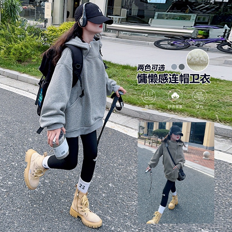 女童加绒加厚卫衣韩版宽松儿童休闲双拉链连帽套头衫2025新款童装
