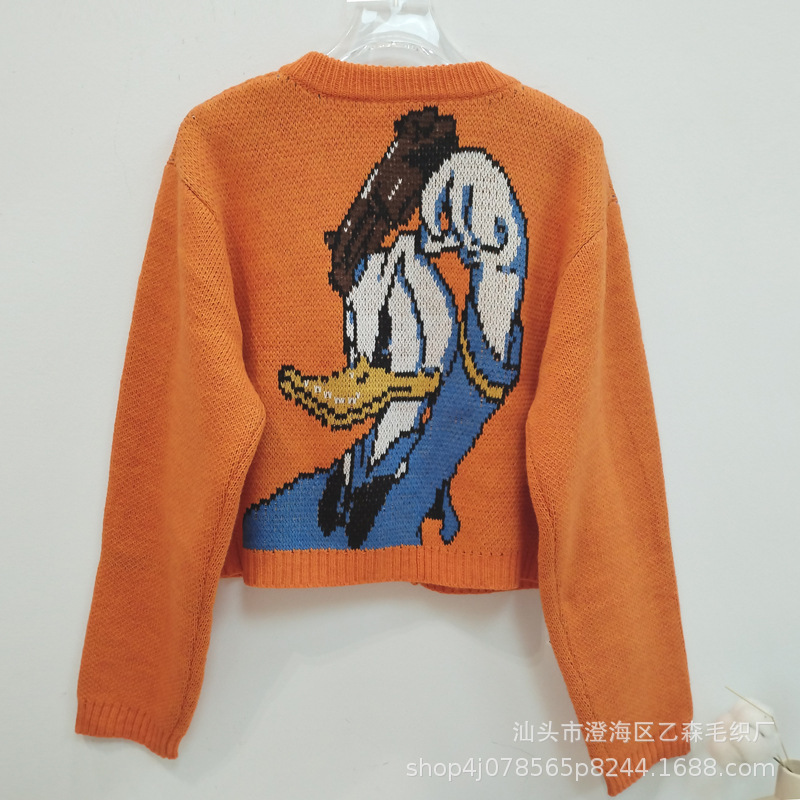 Autumn and Winter Cartoon Casual Sweater Women's Donald Duck Long Round Neck Knitted Slimming Lazy Style Thickened Outer Jacket