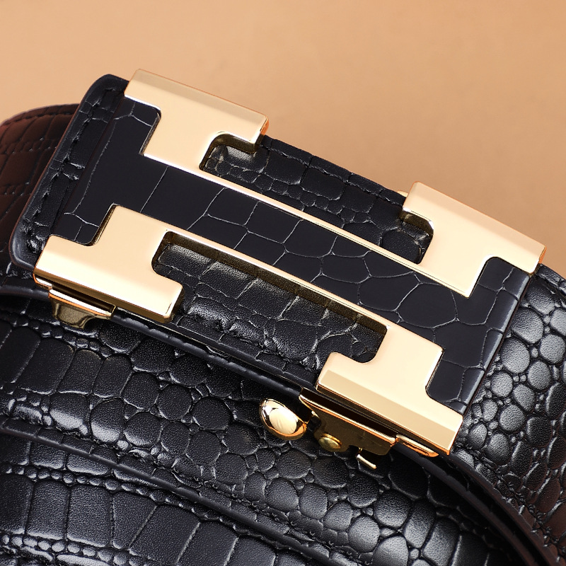 Cinturón de cuero para hombre, patrón de cocodrilo, hebilla automática sin dientes, cinturón de moda informal de negocios, cinturón para jóvenes y de mediana edad