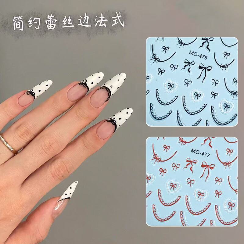Trendy Lace French Edge Nail Stickers Xiaohongshu Popular Black and White Lace Cherry Red Ins Style Bow