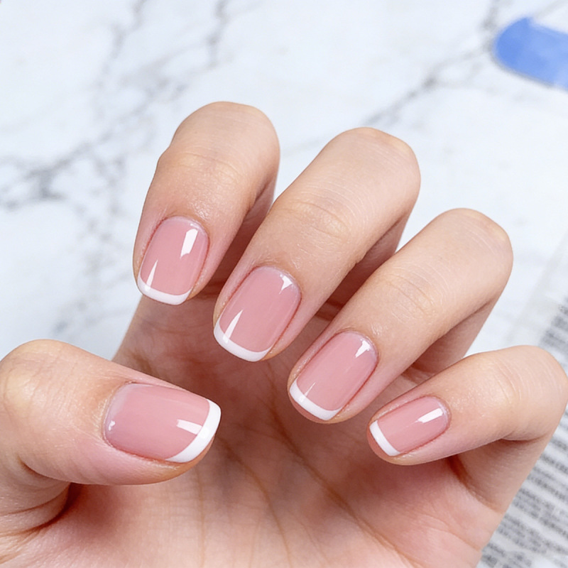 24 Pieces of Short Square-Shaped Flesh Pink Fresh French-Style White-Edged Design Full Cover False Nails Suitable for Parties