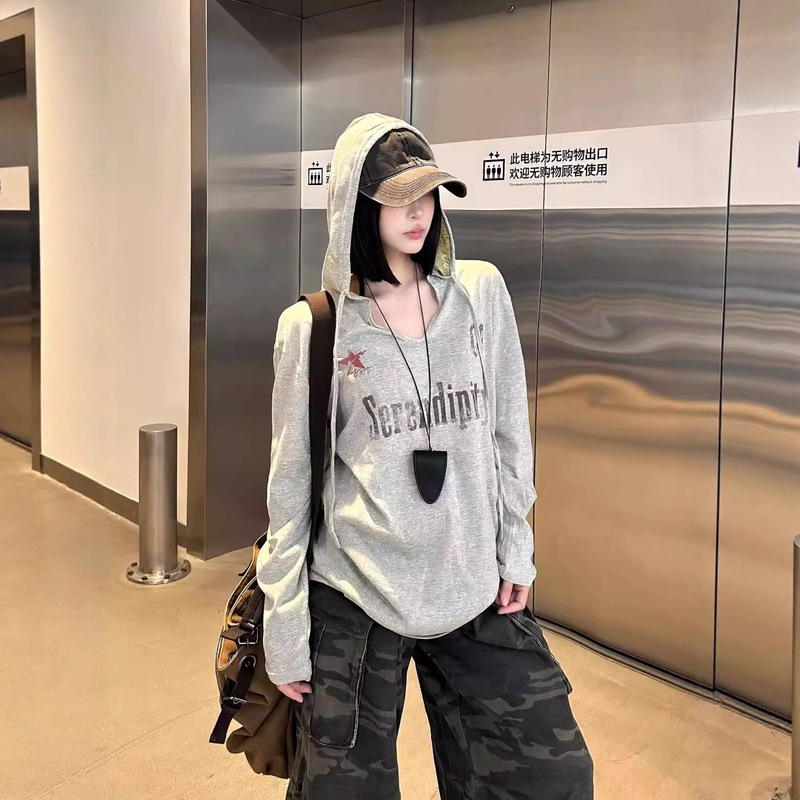 [Snowflake Cotton] Niche Design Hooded Long-Sleeved T-Shirt for Women in Autum New Loose Slimming Look Lazy Style Top