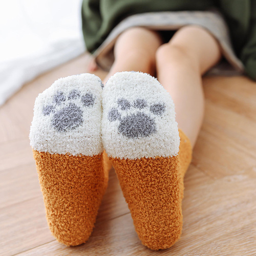 地板袜女珊瑚绒袜子女冬季加厚可爱猫爪家居毛绒睡觉袜子女睡眠袜