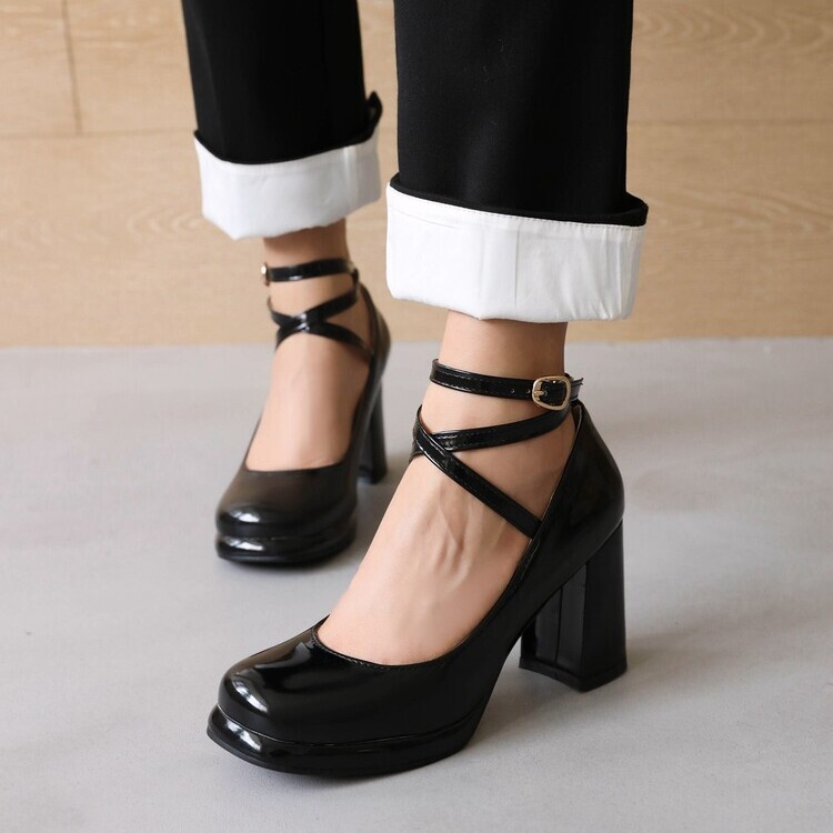 2024 Spring and Summer New Mary Jane Simple Sweet High Heels Square Head Women's Shoes Shallow Mouth Solid Color Thick Heel Buckle